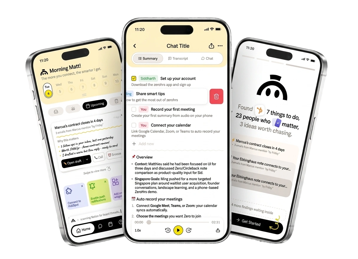 Three iPhone screens previewing the Zero app: Zero's morning brief, a conversation summary, and the day's captured ideas